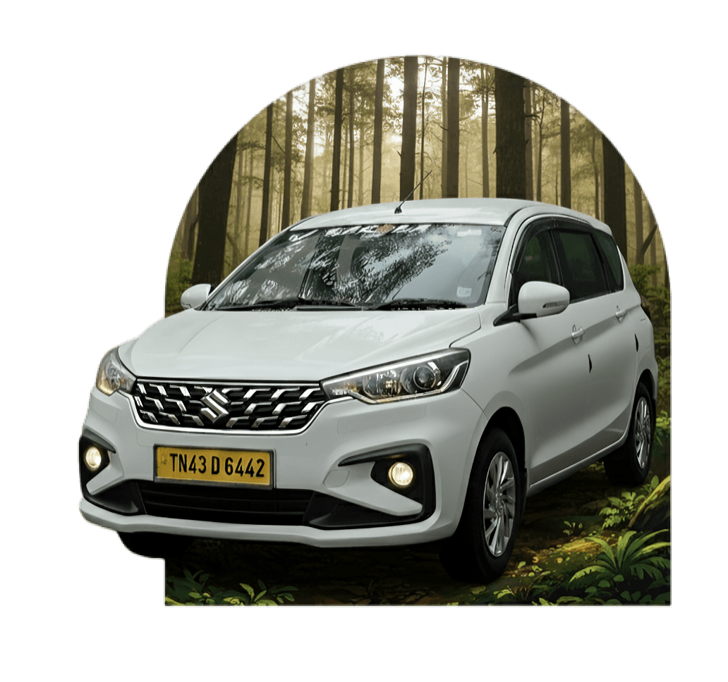 Garuda Travels Maruti Suzuki Ertiga cab against a forest backdrop